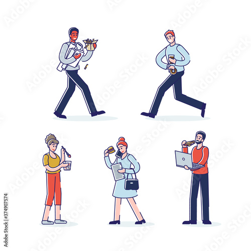 Set of cartoon characters eating. Isolated people eat snack while going