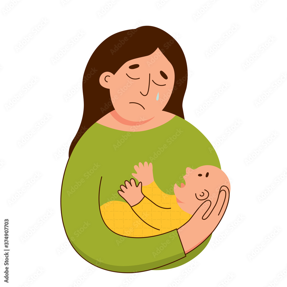 Sad frustrated mother holding her crying baby flat style vector ...