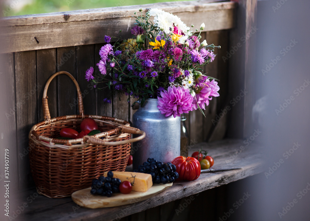 romantic dinner outside ,autumn bouquet,fruits,vegetables, cheese,wine