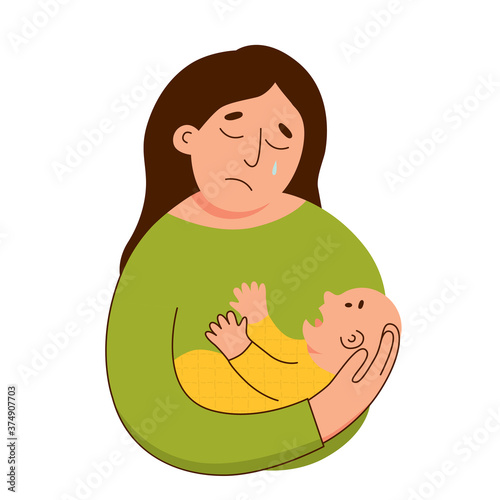 Sad frustrated mother holding her crying baby flat style vector illustration.