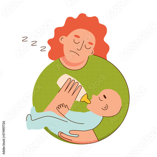 Sleepy frustrated mother feeding baby with bottle flat style vector illustration
