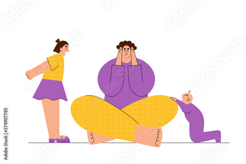 Frustrated parent with angry child and little baby. Mother and two kids flat style vector illustration.