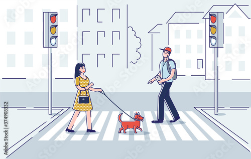 Pedestrians crossing street. Man and woman with dog moving on crosswalk