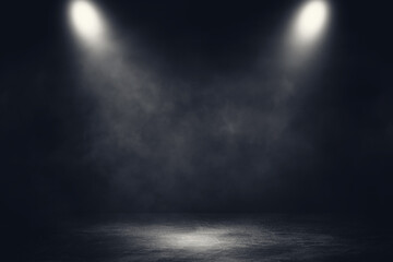 Empty space of Studio dark room concrete floor grunge texture background with spotlight and white smoke.