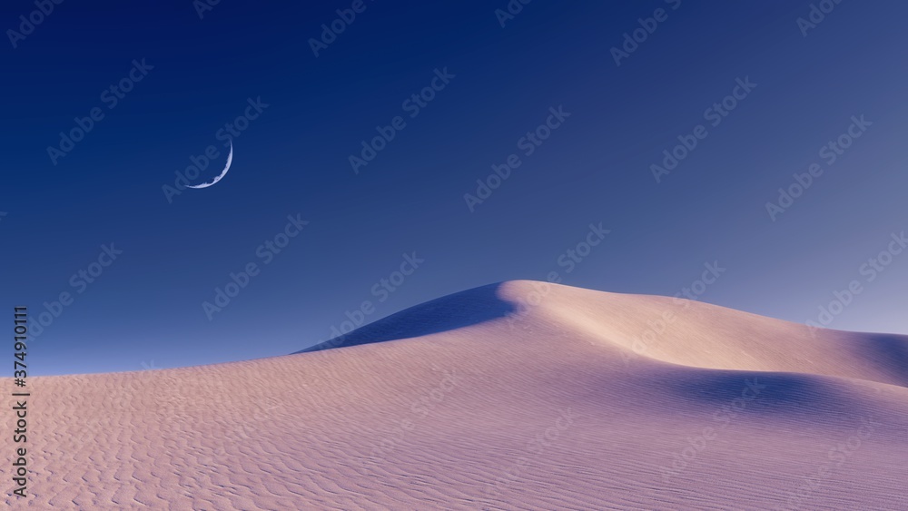 Fototapeta Fantastic unreal sandy desert landscape with massive sand dunes and half moon in clear night sky. With no people minimalist concept 3D illustration from my 3D rendering file.