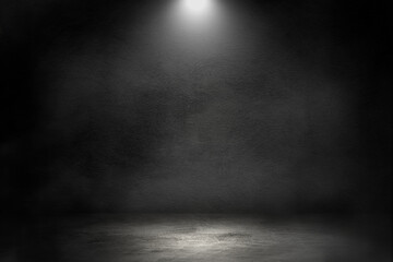 Empty space studio dark room of Concrete floor with spot lighting and smoke in black background.