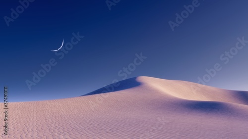 Fototapeta Fantastic unreal sandy desert landscape with massive sand dunes and half moon in clear night sky. With no people minimalist concept 3D illustration from my 3D rendering file.