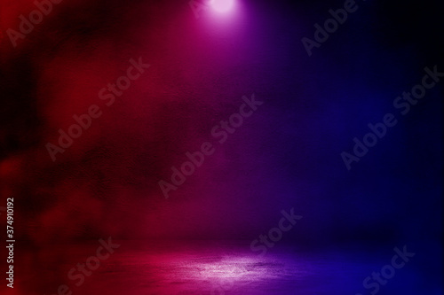 Empty space of Studio dark room with smoke and lighting effect red and blue on concrete floor grunge background for product showing.