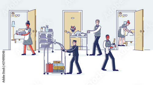 Hotel room service working. Maids cleaning rooms, porter carrying visitors luggage