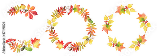 Set of modern autumn leaves frames. Wreaths made of hand drawn watercolor fallen leaves.

