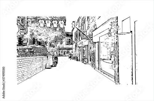 Building view with landmark of Arnhem is a city and municipality situated in the eastern part of the Netherlands. Hand drawn sketch illustration in vector.