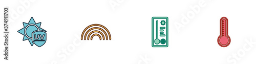 Set UV protection, Rainbow, Meteorology thermometer and icon. Vector.