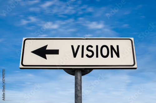 Vision road sign, arrow on blue sky background. One way blank road sign with copy space. Arrow on a pole pointing in one direction.