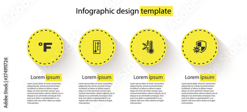 Set Fahrenheit, Meteorology thermometer, Thermometer with snowflake and UV protection. Business infographic template. Vector.