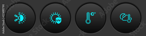 Set Sun and snowflake, UV protection, Meteorology thermometer and Thermometer cloud, moon icon. Vector.