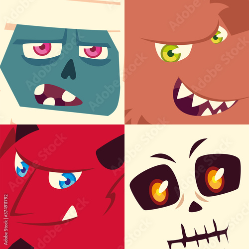 set of icons halloween with heads mummy, ghost, skeleton and devil