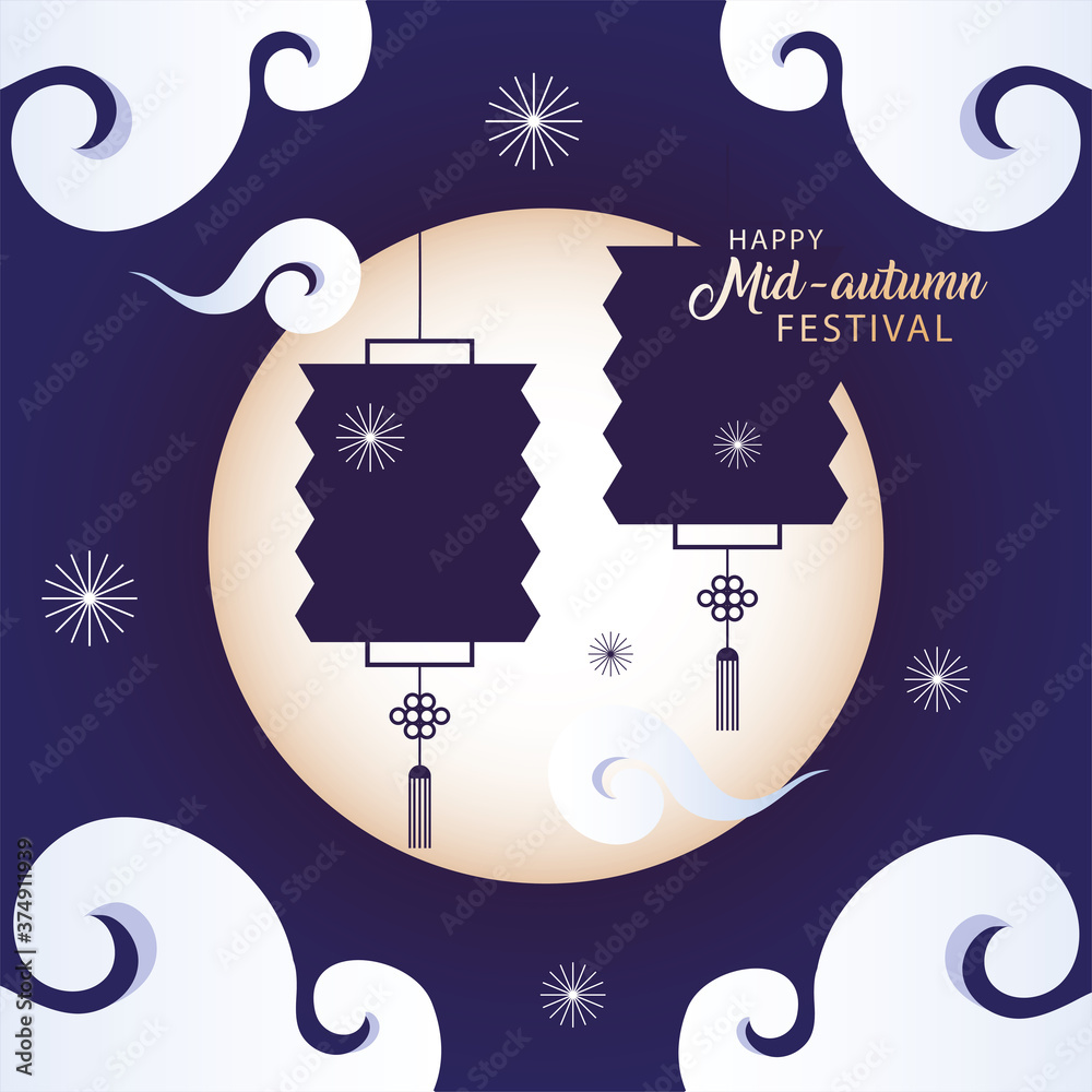 Naklejka premium happy mid autumn festival or moon festival with lanterns and moon