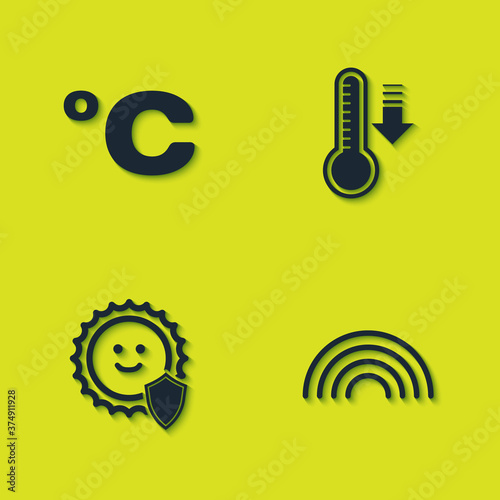 Set Celsius, Rainbow, UV protection and Meteorology thermometer icon. Vector.