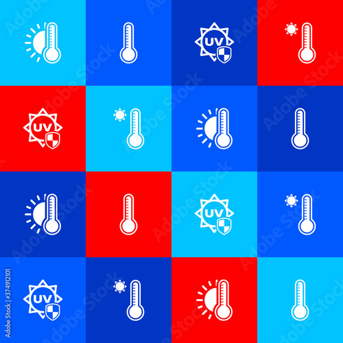 Set Thermometer with sun, Meteorology thermometer, UV protection and icon. Vector.