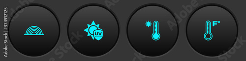 Set Rainbow, UV protection, Meteorology thermometer and icon. Vector.
