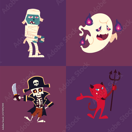 set of icons halloween with mummy, ghost, skeleton and devil