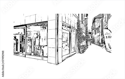 Building view with landmark of Arnhem is a city and municipality situated in the eastern part of the Netherlands. Hand drawn sketch illustration in vector.