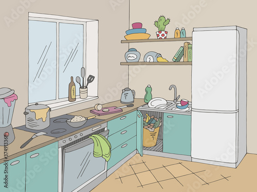Kitchen mess room graphic color home interior sketch illustration vector