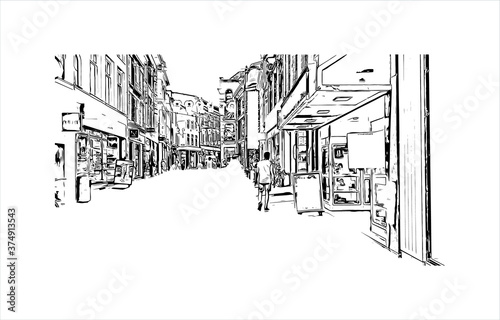 Building view with landmark of Arnhem is a city and municipality situated in the eastern part of the Netherlands. Hand drawn sketch illustration in vector.