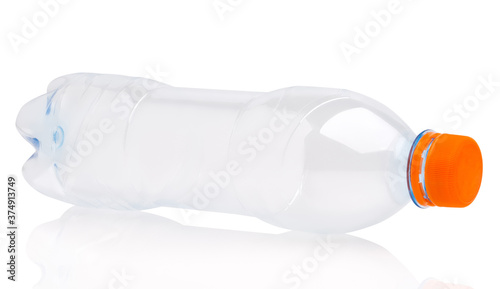Empty transparent plastic bottle with orange screw cap isolated on white background with clipping path.