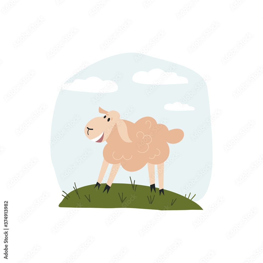 Funny hand drawn happy smiling sheep on a medow. Cute vector illustration on isolated background. Funny hand drawn happy smiling sheep on a medow. Cute vector illustration on isolated background.