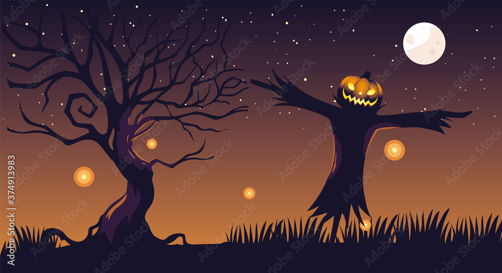 halloween dark night background with scarecrow and full moon Stock ...