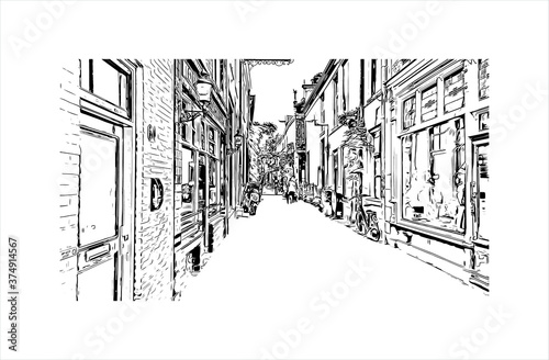 Building view with landmark of Arnhem is a city and municipality situated in the eastern part of the Netherlands. Hand drawn sketch illustration in vector.