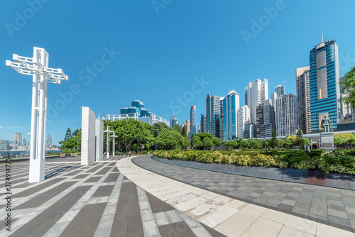High rise office building and public park in downtown of Hong Kong city