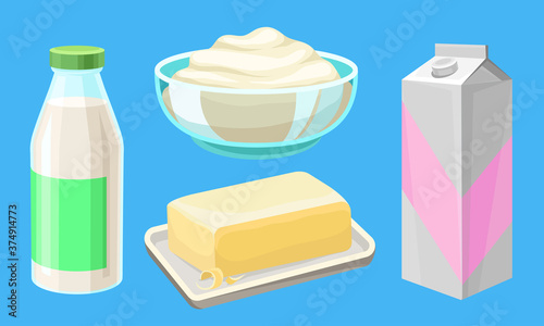 Carton of Milk and Sour Cream in Bowl as Dairy Product Vector Illustration Set