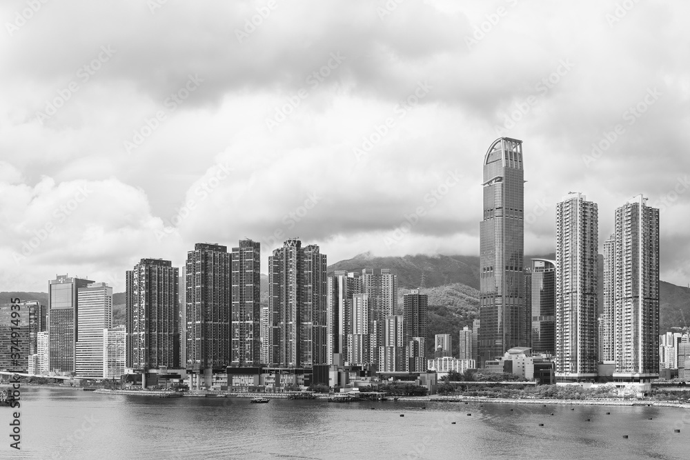 Fototapeta premium Panorama of harbor and skyline of Hong Kong city