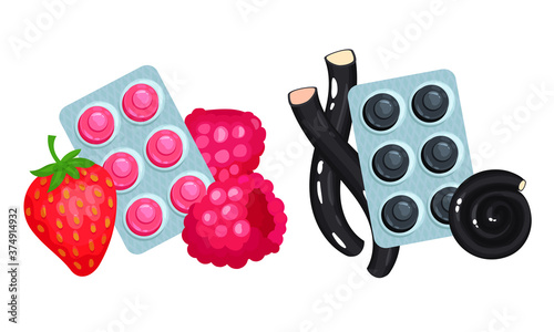 Lozenge Blister Packs with Different Flavour as Throat Candies and Cough Remedy Vector Set