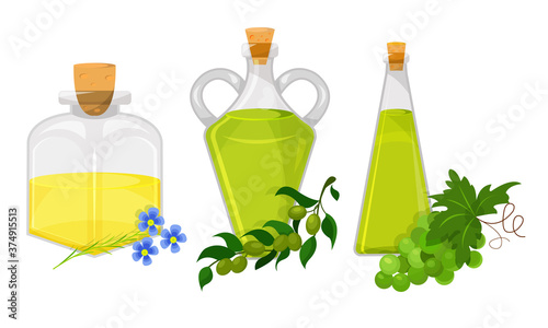 Organic Oil Poured in Glass Jars Vector Set