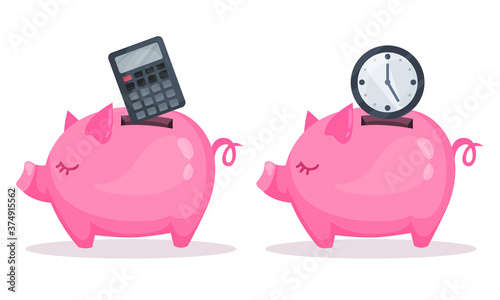 Pink Piggy Bank or Moneybox with Hole Vector Set