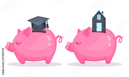 Pink Piggy Bank or Moneybox with Hole Vector Set