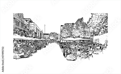 Building view with landmark of Arnhem is a city and municipality situated in the eastern part of the Netherlands. Hand drawn sketch illustration in vector.