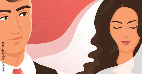 The groom meets his bride. Lovely girl with a white wedding veil. The man looks at her lovingly. Vector romantic illustration of newlyweds.