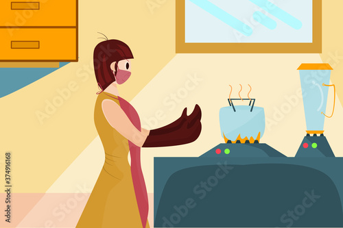 Vector girl cooking in kitchen, illustration concept cooking eating at home.  Lifestyle New Normal Cooking at home