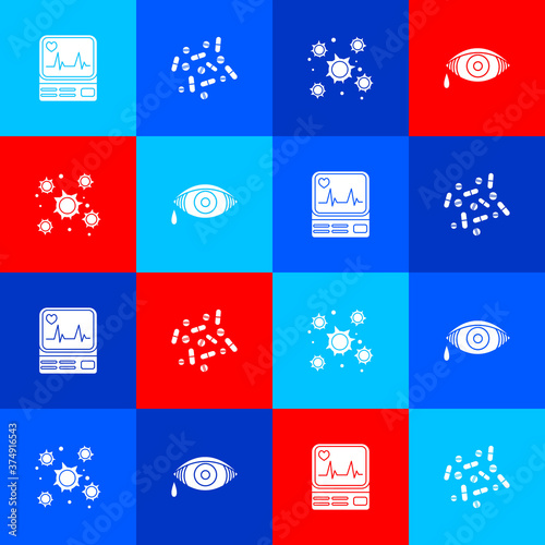 Set Monitor with cardiogram, Medicine pill tablet, Bacteria and Reddish eye allergic conjunctivitis icon. Vector.