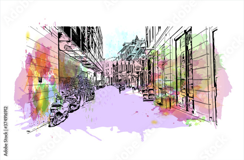 Building view with landmark of Arnhem is a city and municipality situated in the eastern part of the Netherlands. Watercolor splash with hand drawn sketch illustration in vector.