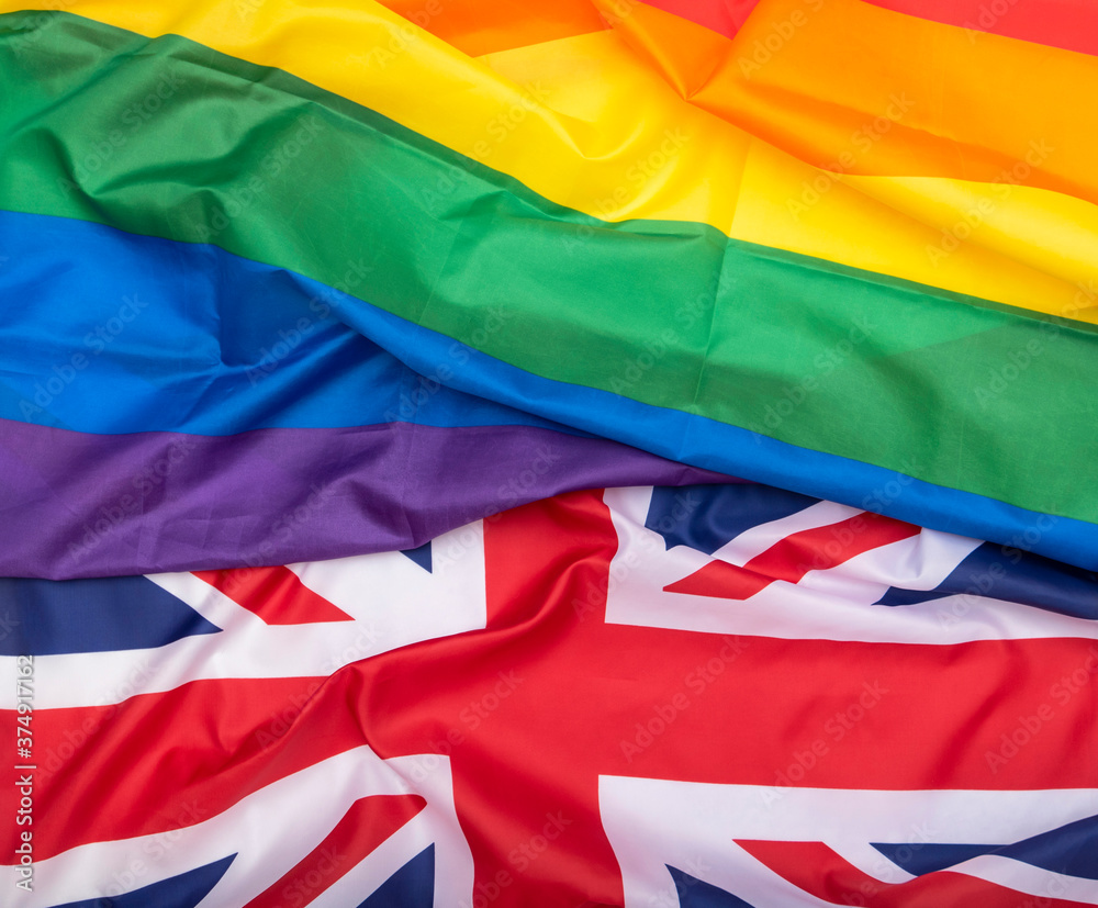 LGBT gay rainbow flag and flag of Great Britain, concept picture LGBT gay rainbow flag and flag of Great Britain, concept picture