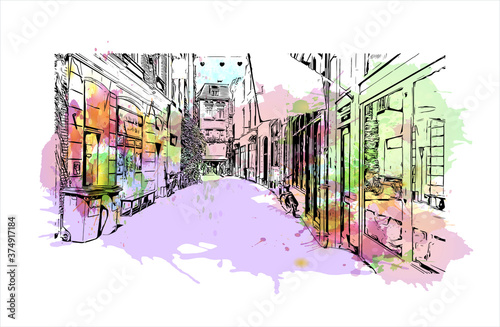 Building view with landmark of Arnhem is a city and municipality situated in the eastern part of the Netherlands. Watercolor splash with hand drawn sketch illustration in vector.
