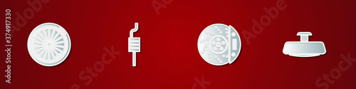 Set Car wheel, muffler, brake disk with caliper and mirror icon. Vector.