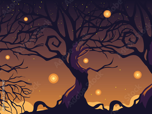 halloween dark night background with scary tree