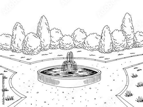Park fountain graphic black white city landscape sketch illustration vector