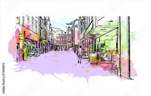 Building view with landmark of Arnhem is a city and municipality situated in the eastern part of the Netherlands. Watercolor splash with hand drawn sketch illustration in vector.